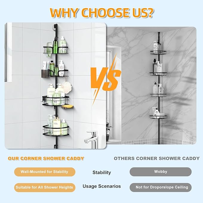 Shower Pole Caddy Corner, 4-Tier Adjustable Shower Shelves with Soap Holder & Hooks, Standing Shower Caddy Corner for Renters/Family, Self-Adhesive or Drill Mount 30-75 Inch, Black