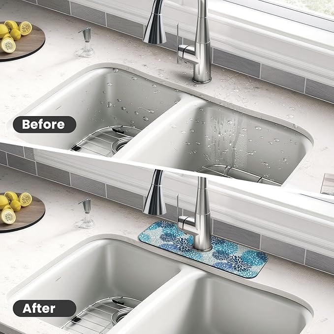 Medallion Dahlia Pinnata Floral Bobo Blue Pink Turquoise Grey Kitchen Sink Splash Guard Faucet Mat 1 Pcs, Absorbent Fast Drying Mat Gadgets Splash Guard For Bathroom 15 X 5.5 Inches
