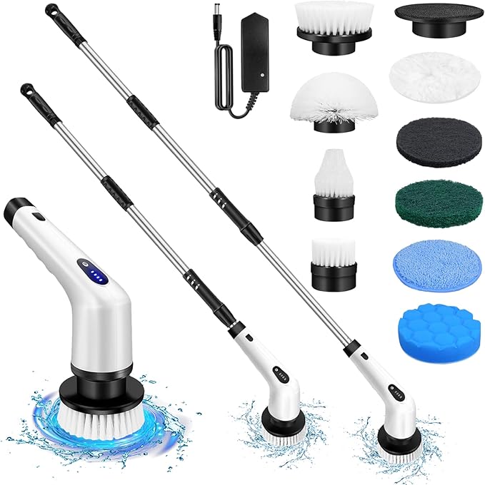 Electric Spin Scrubber Cordless Power Cleaning Brush with 9 Replaceable Brush Heads, 320RPM Tub and Floor Tile Power Scrubber Dual Speed with Adjustable & Detachable Handle for Bathroom Cleaning