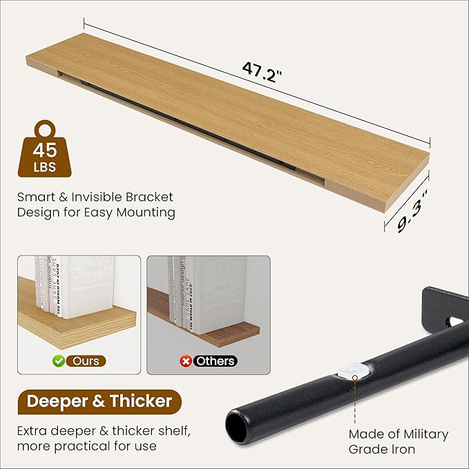 Fun Memories 48 Inch Deep Floating Shelves for Wall, 2 Pack of Long Wall Mounted Wood Shelves with Invisible Brackets for Bathroom, Bedroom, Living Room, Kitchen Decor and Storage, Oak