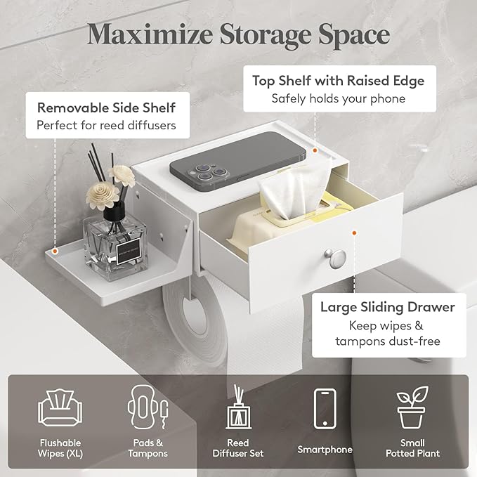 Lifewit Toilet Paper Holder with Shelf and Drawer, Screw or Adhesive Wall Mount Tissue Roll Storage, Dustproof & Flushable Bathroom Wipes Dispenser Organizer, White, 1 Pack