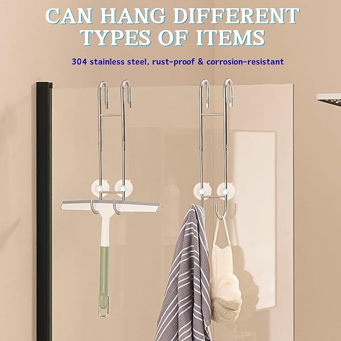 Shower Door Towel Hooks (2-Pack), 9"~13" Length Adjustable Hook for Framed & Frameless Over The Door Glass, Squeegee Holder, Towels Hanger for Bath Suits Rozer Robes Loofahs Shavers, Silver