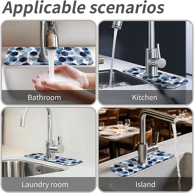 Kitchen Sink Splash Guard，Watercolor blue hexagon Faucet Mat Sink Gadgets-Super Absorbent Fast Drying Mat Drip Catcher for Kitchen, Bathroom,Sink Mat, Dish Drying Mat, Bathroom(15" X 5.5" )