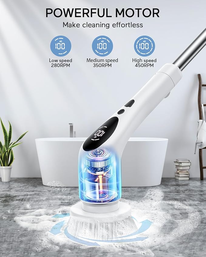 Electric Spin Scrubber, Cordless Voice Prompt Cleaning Brush with 9 Replaceable Brush Heads, 3 Adjustable Speeds Shower Scrubber with Extension Long Handle for Bathroom Floor Tile