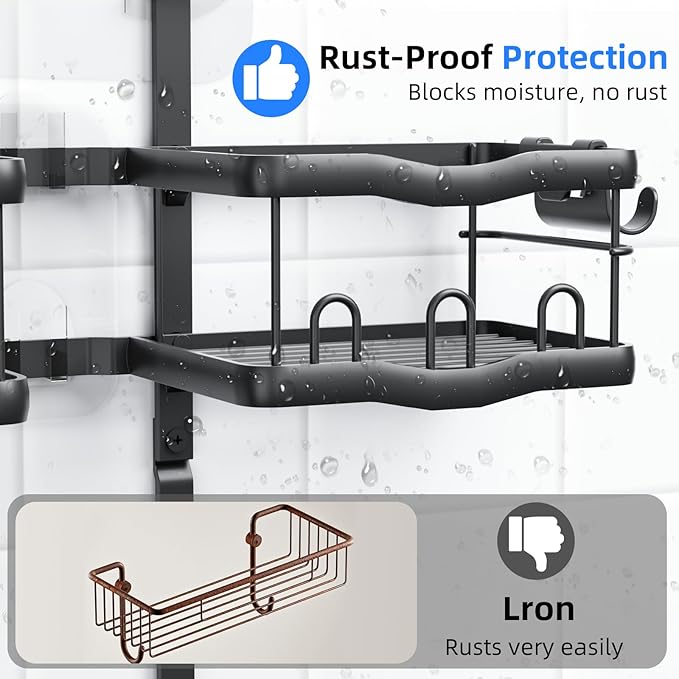 GearFusion Aluminum Alloy Shower Caddy Hanging, No Drilling Over the Shower Head Caddy, 2 Levels Showers Rack Organizer with Hooks, Razor Holder, Soap Holder