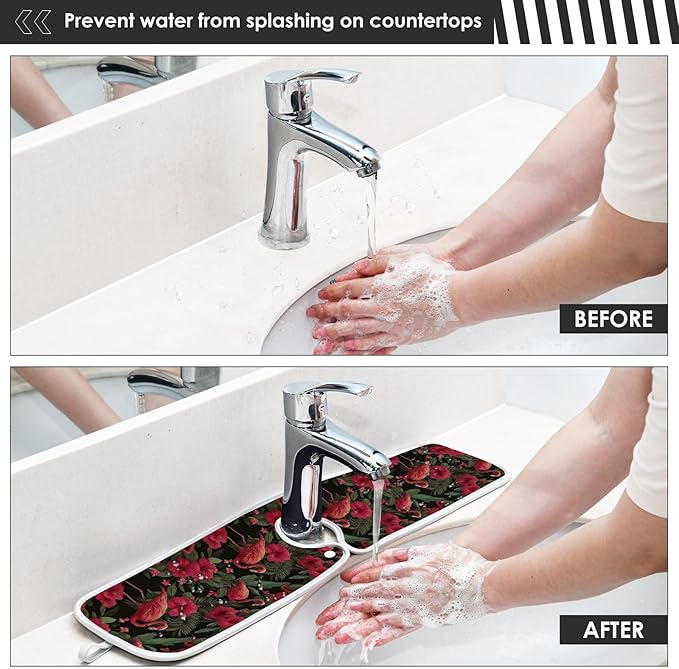 2 PCS Kitchen Sink Splash Guard 23.6 Inch Faucet Mat for Kitchen Sink Bathroom Sink Faucet Absorbing Drip Drain Mat Pad Microfiber Soft Washable Black and Pink Flamingo Petals