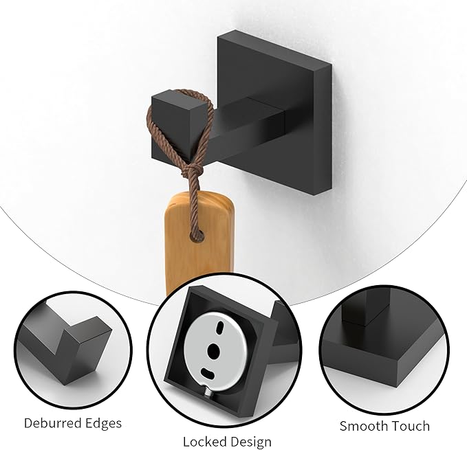 Ruacq Towel Hooks for Bathrooms, Heavy Duty Stainless Steel Square Bathroom Hooks, Wall Mounted Towel Hanger for Robe & Coat, Ideal for Kitchen, Bedroom, and Hotel Use(Matte Black, 2 Pack)