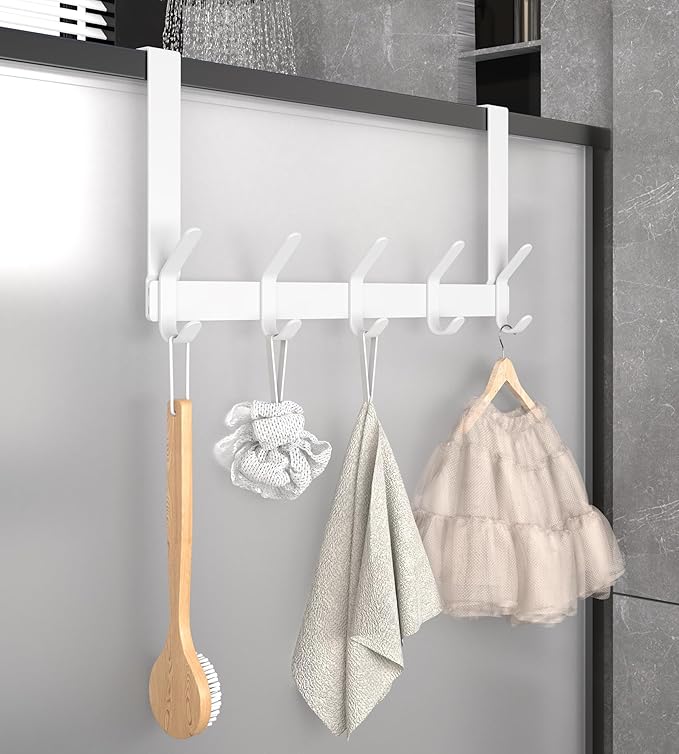 Over The Door Hooks Hanger with 7" Arms for Hanging, J7U, Perfectly Fits US Standard 1 3/8-inch Doors, Towel Rack Bathroom Organizer Holder, White