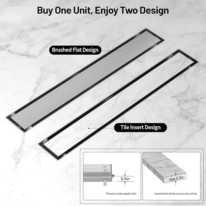 Linear Shower Drain, 304 Stainless Steel with Adjustable Leveling Feet, Hair Strainer,Reversely Install Place to Create an Invisible Floor Drain - Silver -24-Inch