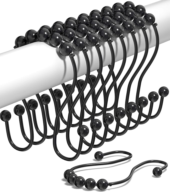 Shower Curtain Hooks Rust Proof (Set of 12) - Stainless Steel Shower Curtain Rings - Anti Slip Roller Balls for Easy Glide (Omega Double Hooks, Matte Black)