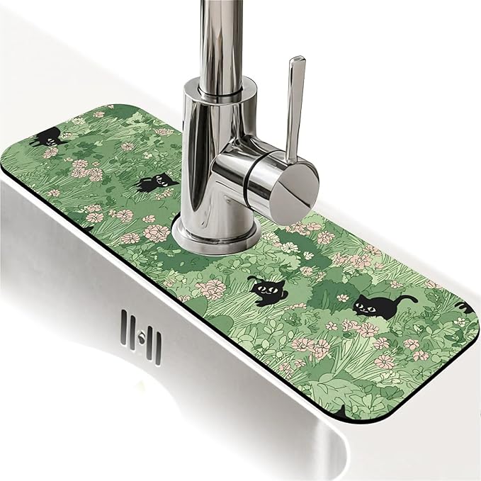 Kitchen Sink Splash Guard，small cats and flowers Faucet Mat Sink Gadgets-Super Absorbent Fast Drying Mat Drip Catcher for Kitchen, Bathroom,Sink Mat, Dish Drying Mat, Bathroom(15" X 5.5" )