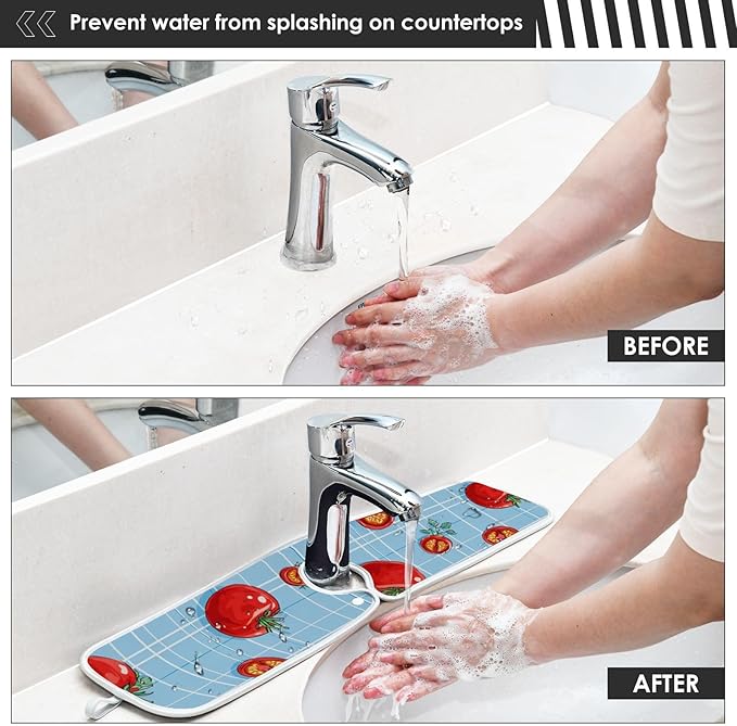 Sink Faucet Absorbing Mat Kitchen Sink Splash Guard Splash Faucet Drip Catcher for Bar RV Bathroom 2PCS 30x5.5in Green Grid Cute Tomato
