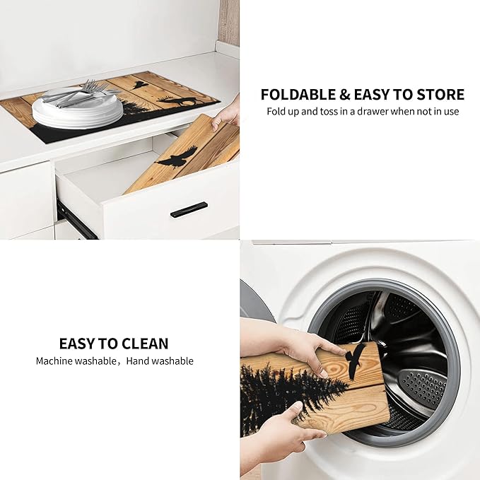 Retro Rustic Wolf Deer Forest Brown Wood Dish Drying Mat for Kitchen Counter, 18"x24" Microfiber Absorbent Fast Dry Mat, 2Pcs Dish Mat Faucet Mats Sets, Large Drying Kitchen Mat Kitchen Drying Pad