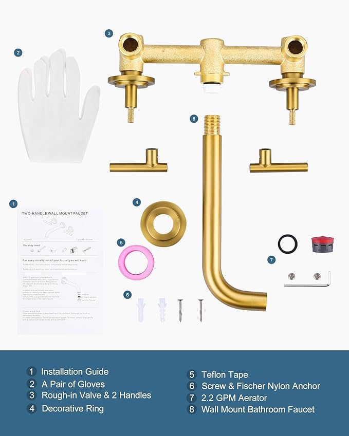 WOWOW Wall Mount Bathroom Faucet Gold Wall Faucet High Flow Two Handles Stainless Steels,Long Spout Reach,Widespread Bathroom Sink with Rough-in Valve 3 Holes Elegant Classic Spout