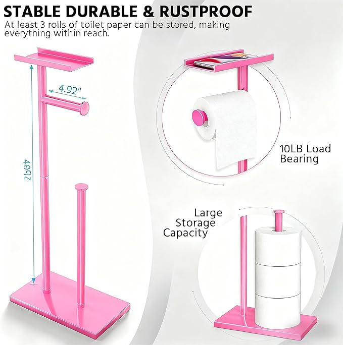 CISILY Pink Toilet Paper Holder Stand with Phone Shelf, Bathroom Toliet Decor Decoration. Tissue Paper Roll Holder Free Standing Storage Decor Accesories