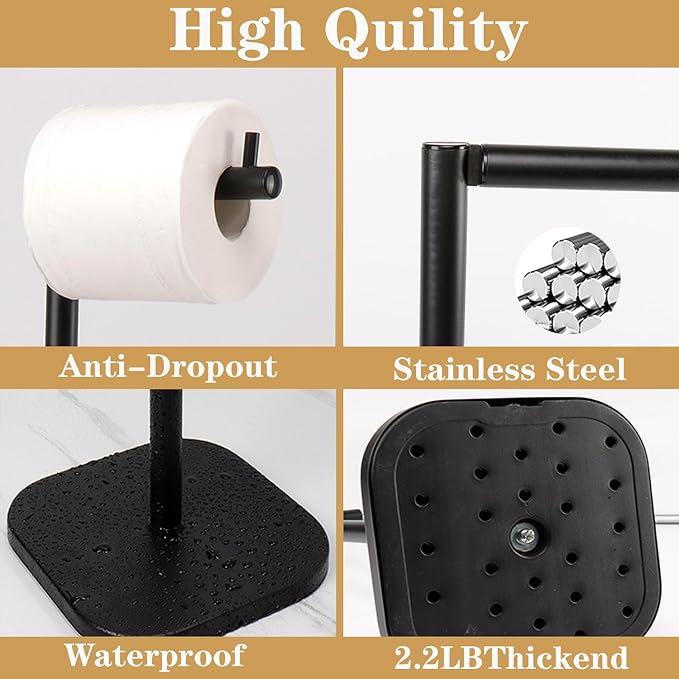 Toilet Paper Holder Stand, Free Standing Tissue Paper Storage for Bathroom, Stainless Steel Toilet Paper Stand with Reserve for 5 Roll Weighted Base Bathroom Toilet Roll Holder(Matte Black)