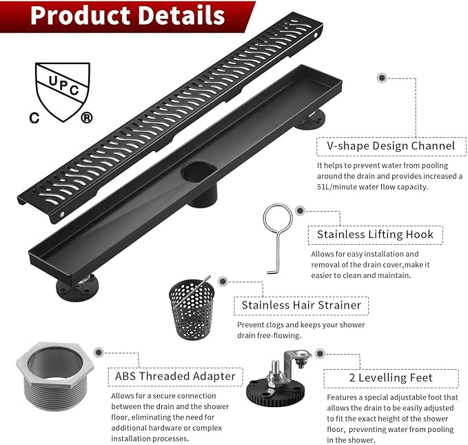 Sharp-tec Linear Shower Drain, 36 inch Shower Drain with Removable Pattern Cover, Matte Black 304 Stainless Steel Rectangle Floor Drain, Adjustable Feet and Hair Strainer Included