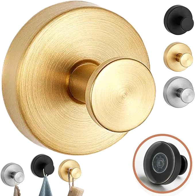 Luxe Hold No-Drill Hooks, 2024 Upgraded Suction Cup Hooks, Stainless Steel Waterproof Suction Cup Hooks for Shower, Bathroom, Hanging Towels, Mounting on Glass Shower Doors, Tile, Mirrors (Gold)