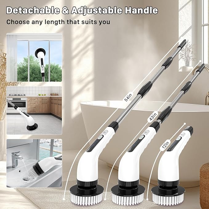 Electric Spin Scrubber, Cordless Cleaning Brush, Shower Scrubber with 7 Replaceable Brush, 2 Speeds and Adjustable Extension Handle for Bathroom Shower Bathtub Glass Car(White)