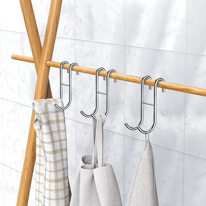 Over Shower Glass Door Hooks, 2 Pack Silver 304 Stainless Steel Shower Door Hooks, Bathroom Frameless Drilling-Free Hanger, Towel Hooks, for Bathing Suits, Robe, Towel, Squeegee, Loofah, Shaver
