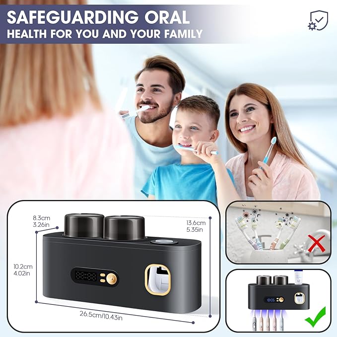 Toothbrush Holders Cleaner & Dryer for Bathroom,LXIANGN Smart Wall Mounted Toothbrush Holders with Countdown LED Screen,5 Toothbrush Slots,2 Cups and Toothpaste Dispenser (Grey)