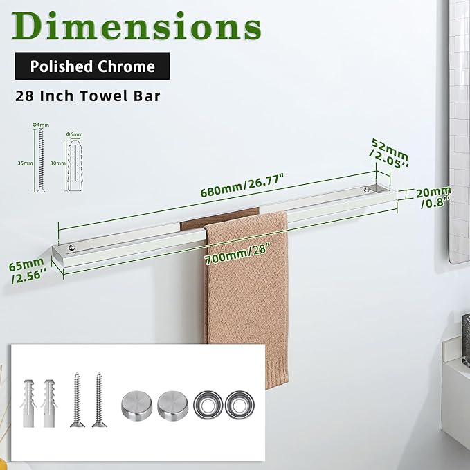 Alise Bath Towel Bar,Wall Mount Towel Holder Towel Rack Towel Hanger for Bathroom Lavatory,28 Inch SUS304 Stainless Steel Towel Rail,Polished Chrome