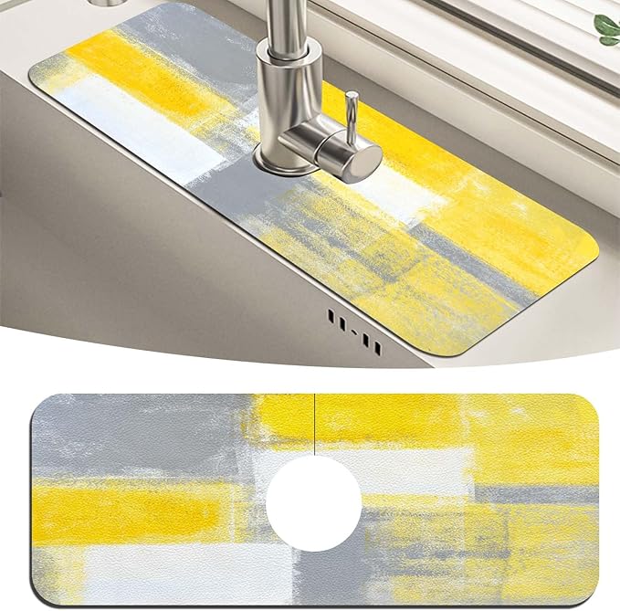 MCALK Yellow Kitchen Sink Faucet Mat Splash Guard, Absorbent Quick-Dry Kitchen Sink Mat - Ideal for Splash Guard & Drip Catching with Abstract Art Decor( 1pc 15"x5.5")