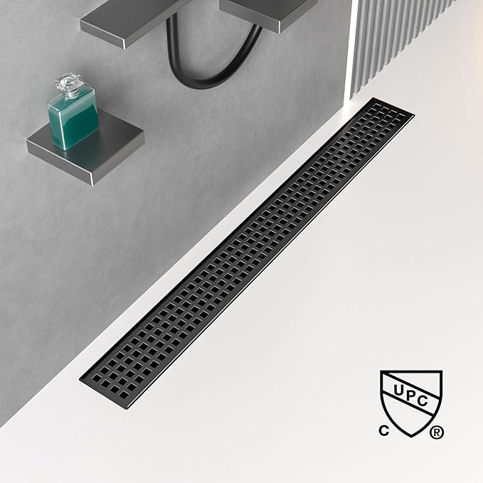 Linear Shower Drain 24 Inch Black with Removable Quadrato Grate Cover, Rectangular Floor Drain 304 Stainless Steel Matte Black Linear Drains Include Accessories, CUPC Certified