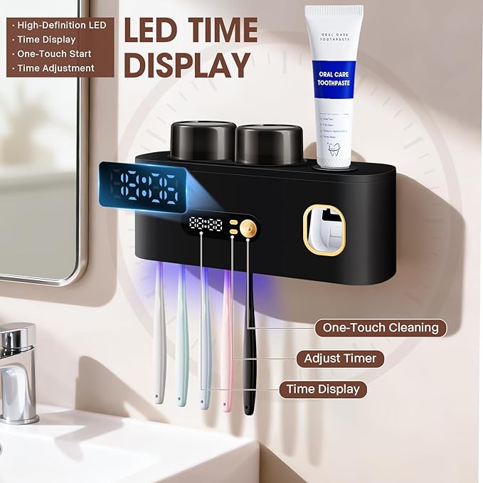 Upgrade Toothbrush Sterilizer,Toothbrush Holder for Bathroom,Tooth Brush Cleaning Tool with Toothpaste Dispenser Wall Mounted Type-C Charging with 2 Cups (Black)