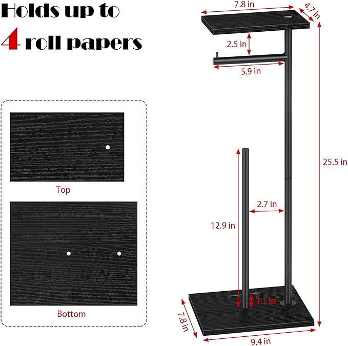 Black Toilet Paper Holder Stand Free Standing Toilet Paper Holder with Shelf Toilet Paper Storage Holder with Reserve for Bathroom Holds Wipe, Mobile Phone, Mega Rolls