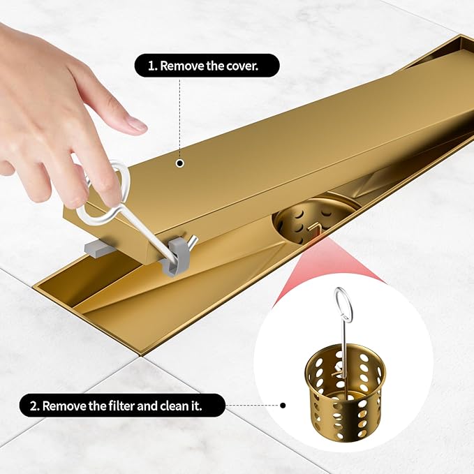 Linear Shower Drain, 304 Stainless Steel with Adjustable Leveling Feet, Hair Strainer,Reversely Install Place to Create an Invisible Floor Drain - Gold -48-Inch