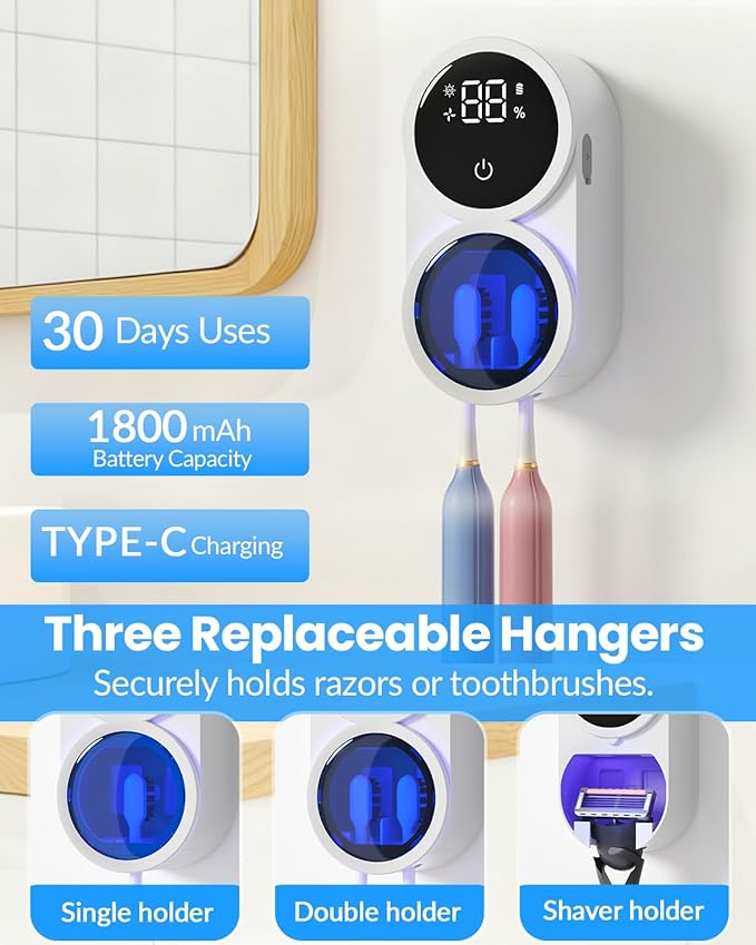 Toothbrush Sanitizer Holder, GEVOODIX Tooth Brush Holder for Bathroom, Wall-Mounted Toothbrush Holders Organizer Auto-Inductive Cover, 140℉ Air Drying Fits Most Electric, Manual and Kids’ Toothbrushes