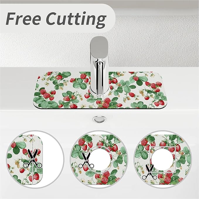 Kitchen Sink Splash Guard，Retro Strawberry Faucet Mat Sink Gadgets-Super Absorbent Fast Drying Mat Drip Catcher for Kitchen, Bathroom,Sink Mat, Dish Drying Mat, Bathroom(15" X 5.5" )