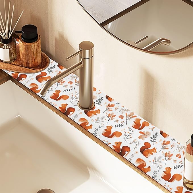 Squirrels and Fall Leaves Kitchen Sink Splash Guard Sink Faucet Mat Faucet Handle Drip Catcher Drain Mats for Kitchen Bathroom Countertop Absorbent Dish Drying Pad 2Pack 30x5.4IN