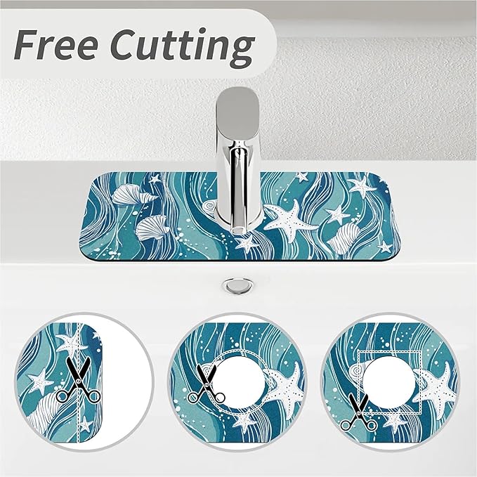 Kitchen Sink Splash Guard，Wave, starfish, shell Faucet Mat Sink Gadgets-Super Absorbent Fast Drying Mat Drip Catcher for Kitchen, Bathroom,Sink Mat, Dish Drying Mat, Bathroom(15" X 5.5" )
