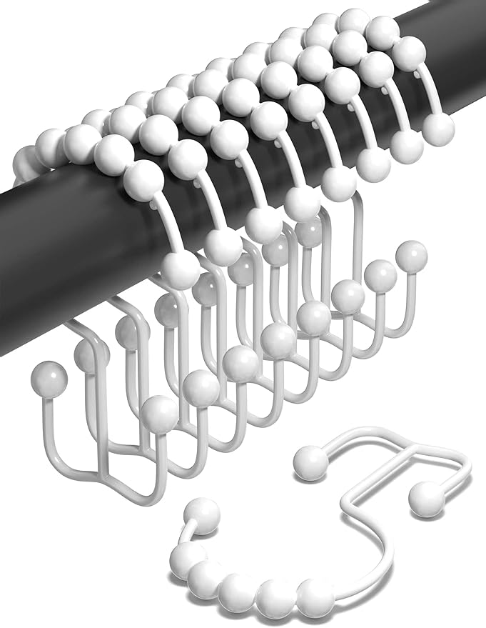 Shower Curtain Hooks Rust Proof (Set of 12) - Stainless Steel Shower Curtain Rings - Anti Slip Roller Balls for Easy Glide (Double Anchor Hooks, White)