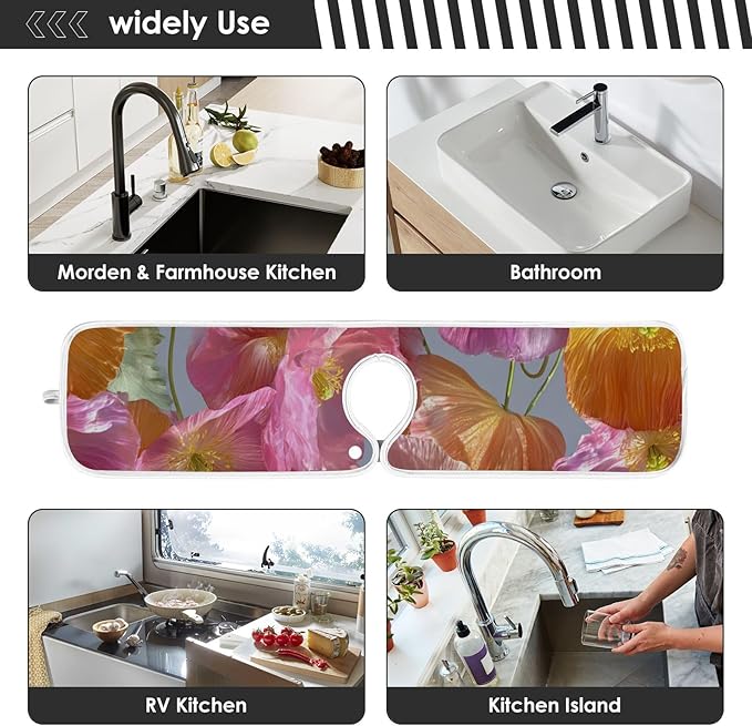 Sink Faucet Absorbing Mat Kitchen Sink Splash Guard Splash Faucet Drip Catcher for Bar RV Bathroom 2PCS 23.6x5.5in Pink Purple Poppy
