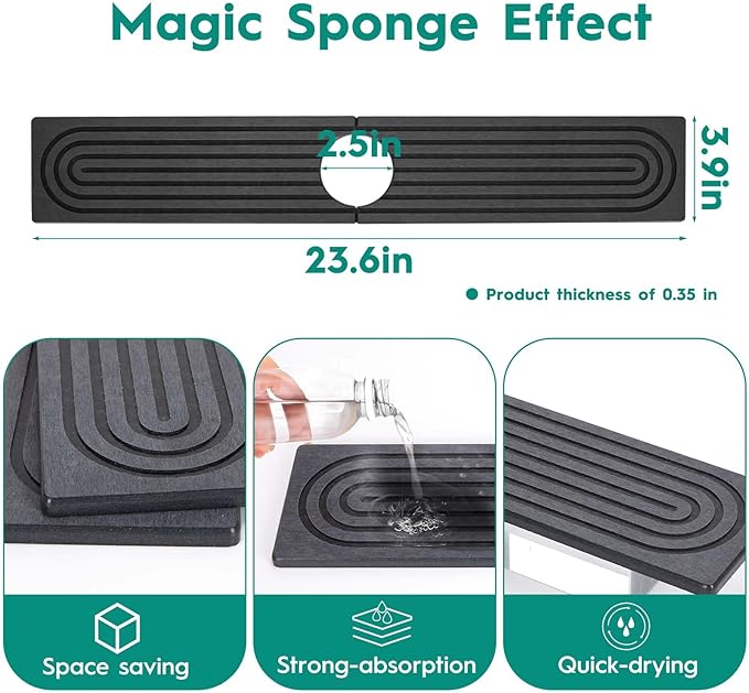24 Inch Stone Faucet Mat for Kitchen Sink,Kitchen Sink Splash Guard-Water Absorbing Stone Tray for Sink,Super Absorbent, Diatomite Protector with Drainage for Kitchen Bathroom Counter(Dark Grey）
