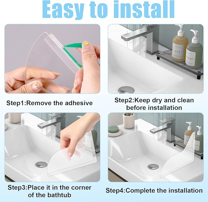 2 Pack Shower Corner Water Guard,Clear Self-Adhesive Splash Guard for Bathtub,Silicone Bathroom Shower Splash Guards to Keep Water in Bath,Easy to Install