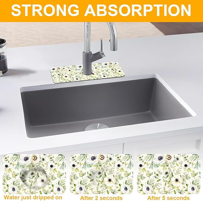 2 Pack Watercolor Floral Sink Faucet Absorbing Mat White Pink Flowers Super Absorbent Fast Drying Mat Sink Gadgets Behind Faucet Sinkmat for Kitchen Bathroom, 15.5"x5.5"