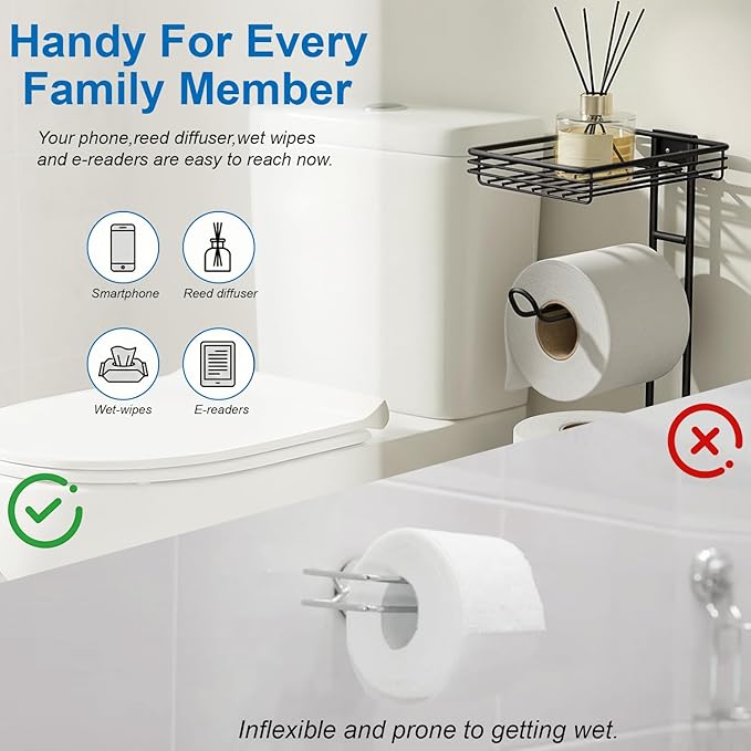 Free Standing Toilet Paper Holder with Storage - Bathroom Toilet Tissue Holder with Waterproof Organizer Bag, Rustproof Metal Toilet Paper Roll Holder with Shelf for Wipes & Phone, Black