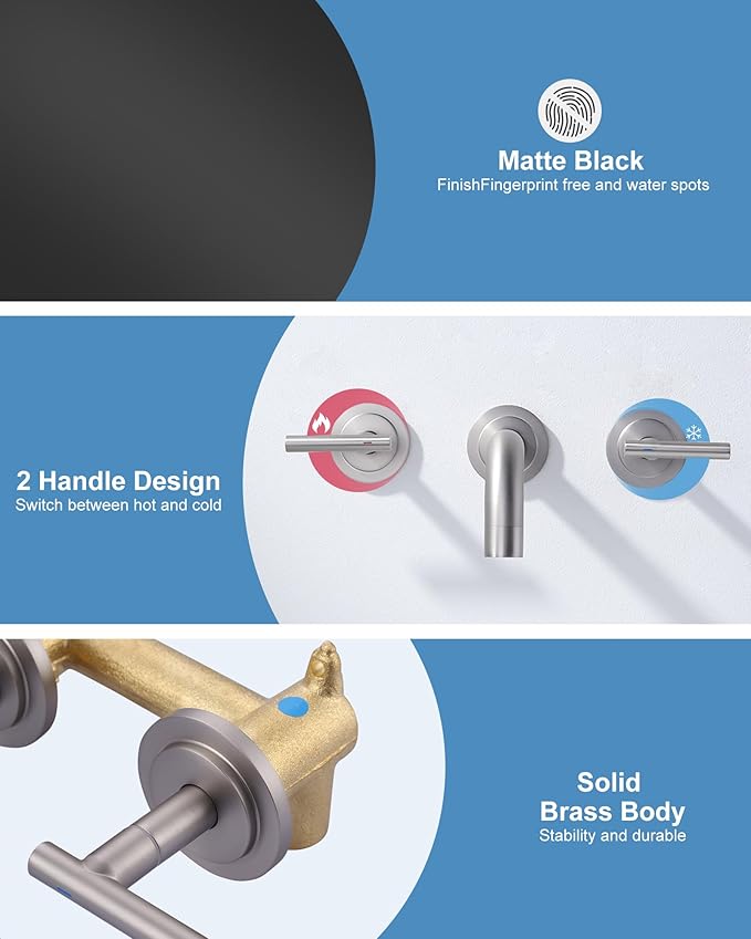 WOWOW Wall Mount Bathroom Faucet, Brushed Nickel, Modern Style, 3 Hole, Dual Lever Handles, Drip Proof, Stainless Steel, Chrome Finish