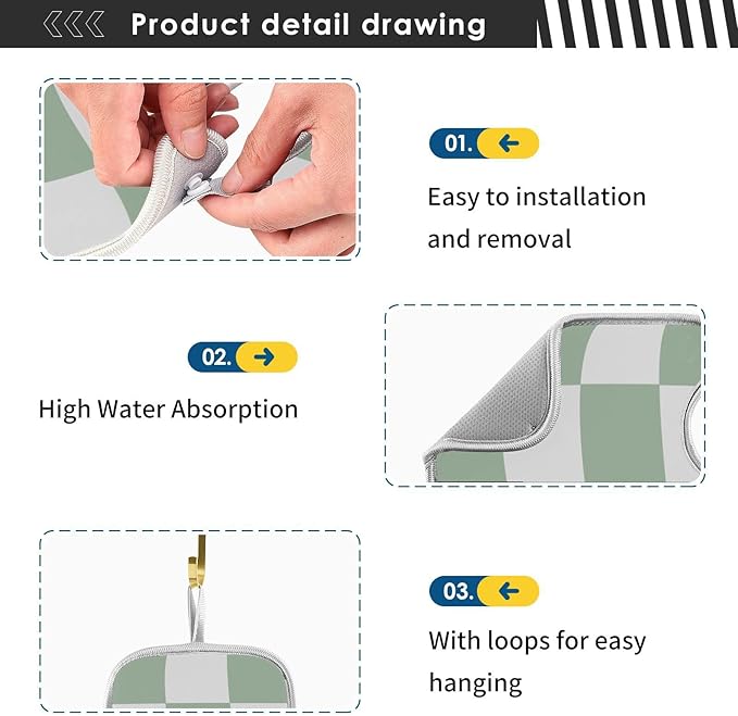 2 PCS Kitchen Sink Splash Guard 30 Inch Faucet Mat for Kitchen Sink Bathroom Sink Faucet Absorbing Drip Drain Mat Pad Microfiber Soft Washable Checkered Green and White