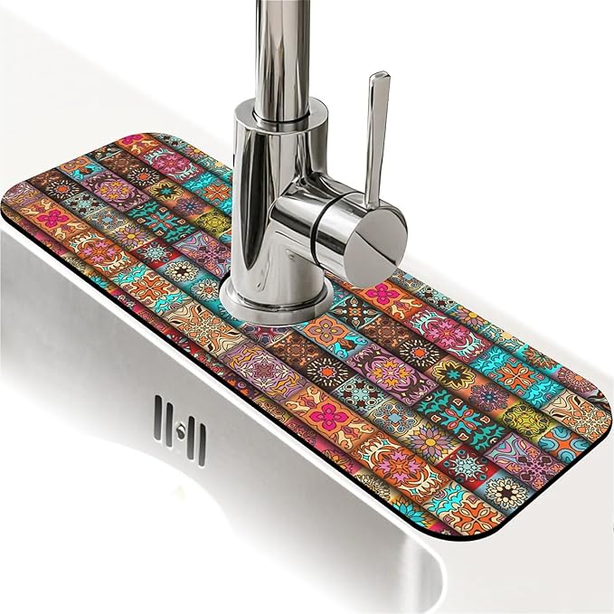 Faucet Draining Mat For Kitchen Sink, Vintage Mandala Floral Diatom Mud Absorbent Drain Pad For Bathroom Kitchen Sink Splash Guard Drying Mat