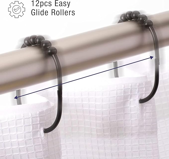 2 Lb. Depot Wide Shower Curtain Ring - Set of 12 Easy Glide and Rust-Proof Rollers - Stainless Steel Shower Curtain Hooks Black for Straight and Curved Rods - Decorative and Durable for Any Bathroom