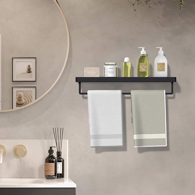 Floating Glass Shelves for Bathroom 20-in with Towel Bar/Tempered Glass Rectangular 1 Tier Organizer Shelf (Matte Black, 20'')
