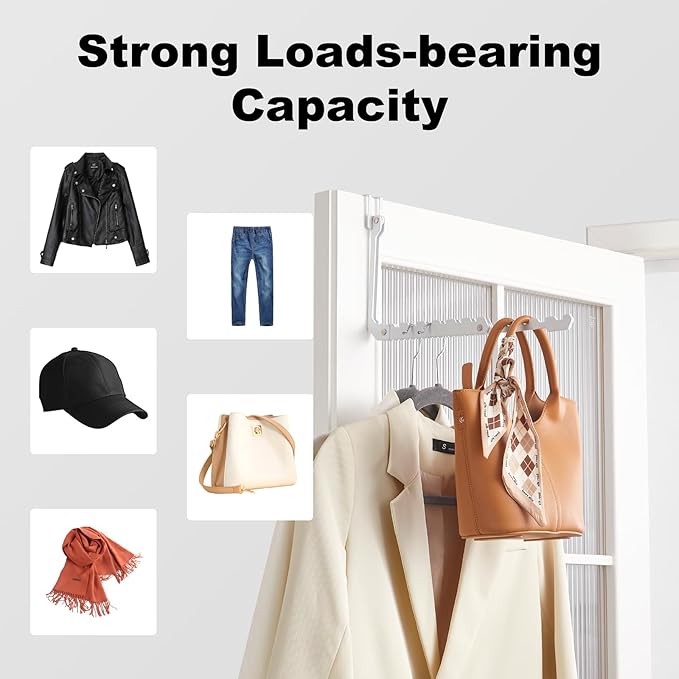 Over The Door Hooks Hangers, 1 Pack Extend Foldable Over The Door Drying Rack for Laundry, Overdoor Hanger Hook with 6 Groves + 5 Ertra Groves for Towel, Coat, White