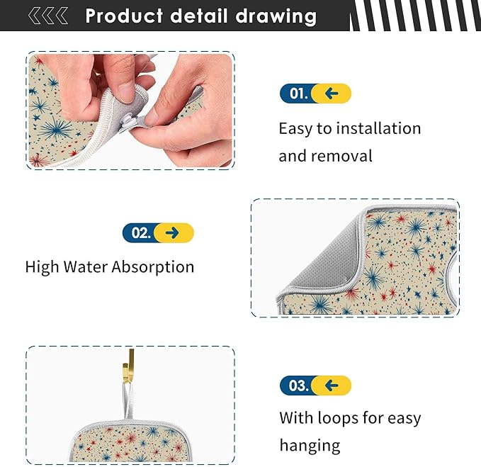 2 PCS Kitchen Sink Splash Guard 23.6 Inch Faucet Mat for Kitchen Sink Bathroom Sink Faucet Absorbing Drip Drain Mat Pad Microfiber Soft Washable Beige Patriotic Flags Fireworks