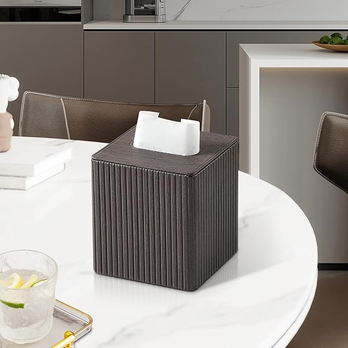 PU Leather Tissue Box Cover Square Tissue Box Holder with Magnetic Closure (Dark Brown)