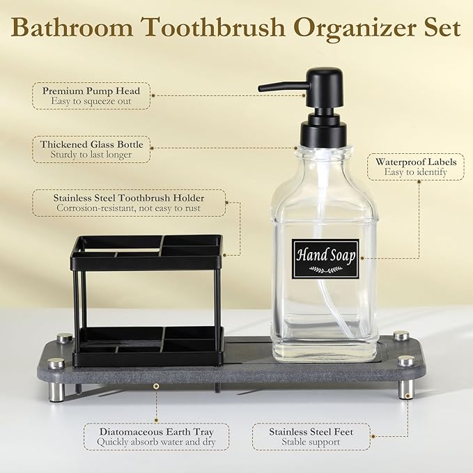 Shinowa Toothbrush Holders with Soap Dispenser and Water Absorbing Diatomite for Bathroom, Stainless Steel Tooth Brush Toothpaste Holder for Kitchen Countertop Sink, Bathroom Organizers and Storage